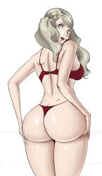 Rule 34 | 1girl, ass, ass support, blonde hair, blue eyes, bra, breasts, butt crack, dimples of venus, female focus, highres, lingerie, long hair, looking at viewer, looking back, medium breasts, open mouth, persona, persona 5, solo, standing, takamaki anne, thong, twintails, underwear