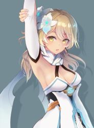 Rule 34 | 1girl, armpits, arms up, bad id, bad twitter id, bikini, blonde hair, blush, breasts, cleavage, cowboy shot, detached sleeves, flower, genshin impact, glowing, grey background, hair flower, hair ornament, hand on own arm, highres, long hair, long sleeves, looking at viewer, lumine (genshin impact), medium breasts, open mouth, simple background, solo, stretching, swimsuit, tebi (tbd11), white bikini, white flower, yellow eyes