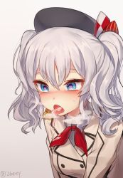 Rule 34 | 10s, 1girl, blue eyes, blush, cum, hair ornament, heart, heart-shaped pupils, heavy breathing, kantai collection, kashima (kancolle), mono (mono mon), saliva, sexually suggestive, silver hair, solo, suggestive fluid, symbol-shaped pupils, tongue, tongue out, tsurime, twintails, uniform, vomit