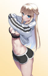 Rule 34 | 1girl, absurdres, areola slip, black bra, black shorts, blonde hair, blue eyes, blush, bra, braid, breasts, cleavage, commentary, cowboy shot, dolphin shorts, english commentary, french braid, gradient background, groin, highres, hood, hoodie, lace, lace-trimmed bra, lace trim, large breasts, lifted by self, long hair, looking at viewer, navel, open mouth, original, short shorts, shorts, sidelocks, simple background, solo, standing, stomach, straight hair, striped clothes, striped hoodie, thighs, underwear, undressing, white hoodie, ybee, yellow background