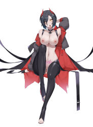 Rule 34 | 1girl, absurdres, after vaginal, ahegao, arm behind head, azur lane, black choker, black coat, black gloves, black hair, black nails, black pantyhose, breasts, choker, clitoris piercing, coat, cross, crotchless, crotchless pantyhose, cum, cum in mouth, cum in pussy, cum on body, cum on breasts, cum on upper body, eyes visible through hair, facial, full body, gloves, grey footwear, half gloves, highres, horns, iron cross, large breasts, looking at viewer, mechanical horns, multicolored hair, nail polish, navel piercing, nipple piercing, nipples, open clothes, open coat, open mouth, cum overflow, pantyhose, piercing, pubic tattoo, pussy, pussy piercing, red horns, rolling eyes, shoes, short hair, simple background, single shoe, solo, tattoo, tearing up, toeless legwear, toenail polish, toenails, tongue piercing, two-tone hair, ulrich von hutten (azur lane), white background, white hair, wsfw, yellow eyes, zipper