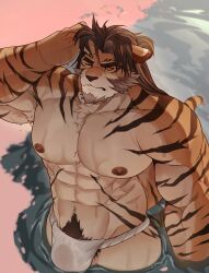 Rule 34 | 1boy, abs, absurdres, adkt, animal ears, arknights, bara, brown hair, bulge, commentary, facial hair, fundoshi, furry, furry male, goatee, hand in own hair, highres, huai tianpei (arknights), in water, japanese clothes, looking at viewer, looking up, male focus, male underwear, nipples, one eye closed, pectorals, pubic hair, shallow water, symbol-only commentary, tail, tiger boy, tiger ears, tiger stripes, tiger tail, topless male, underwear, wading, water, wet, wet clothes, wet male underwear, yellow eyes