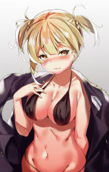 Rule 34 | 1girl, bikini, black bikini, blonde hair, blush, breasts, cleavage, collarbone, frown, girls&#039; frontline, hand on own chest, jacket, jacket on shoulders, large breasts, looking at viewer, navel, pooor, short twintails, solo, standing, swimsuit, tears, twintails, welrod mkii (girls&#039; frontline), yellow eyes