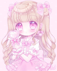 Rule 34 | 1girl, :o, blush, bow, bow earrings, brown hair, commentary request, earrings, frilled sailor collar, frilled skirt, frills, hair bow, heart, heart-shaped pupils, heart background, highres, himetsuki luna, holding, jewelry, long hair, looking at viewer, original, parted lips, pink background, pink bow, pink sailor collar, pink skirt, puffy short sleeves, puffy sleeves, purple eyes, romaji text, sailor collar, shirt, short sleeves, skirt, solo, symbol-shaped pupils, two side up, very long hair, white shirt, wrist cuffs