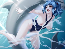 Rule 34 | 1girl, barefoot, bestiality, blue hair, breasts, censored, cum, dolphin, ejaculation, feet, happy sex, kusakabe nao, mosaic censoring, open mouth, penis, saimin pet, smile, underwater