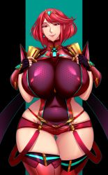 Rule 34 | 1girl, absurdres, armor, black background, black gloves, blue background, boots, breasts, closed mouth, covered navel, cowboy shot, curvy, fingerless gloves, gloves, gluteal fold, highres, hip vent, huge breasts, impossible clothes, looking at viewer, matching hair/eyes, nintendo, nipples, pyra (xenoblade), raidou zero, red eyes, red hair, see-through, short hair, short shorts, shorts, shoulder armor, simple background, skin tight, skindentation, smile, solo, thick thighs, thigh boots, thigh gap, thighhighs, thighs, tiara, xenoblade chronicles (series), xenoblade chronicles 2