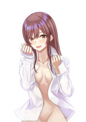 Rule 34 | 1girl, :d, absurdres, bad id, bad pixiv id, blush, breasts, collar, collarbone, collared shirt, dress shirt, groin, highres, idolmaster, idolmaster shiny colors, long hair, long sleeves, looking at viewer, mossan (mossan-777), navel, no bra, no panties, no pants, open clothes, open mouth, open shirt, orange eyes, osaki amana, red hair, shirt, simple background, small breasts, smile, solo, teeth, upper body, upper teeth only, white background, white collar, white shirt