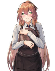 Rule 34 | 1girl, 3 small spiders, absurdres, apron, blush, brown apron, brown ribbon, closed mouth, feet out of frame, girls&#039; frontline, green eyes, hair ribbon, highres, holding, holding tray, long hair, looking at viewer, neck ribbon, orange hair, ribbon, shirt, simple background, smile, solo, springfield (girls&#039; frontline), standing, tray, upper body, white background, white shirt