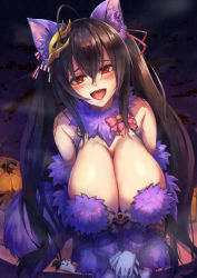 Rule 34 | 1girl, ahoge, animal ear fluff, animal ears, azur lane, bird mask, black hair, black nails, blood, blush, breasts, cleavage, commentary request, cosplay, elbow gloves, fog, fur collar, fur trim, ghost, gloves, hair ribbon, halloween, halloween costume, hat, huge breasts, jack-o&#039;-lantern, mash kyrielight, mash kyrielight (dangerous beast), mash kyrielight (dangerous beast) (cosplay), mask, mask on head, nail polish, official alternate costume, open mouth, pink ribbon, purple gloves, purple thighhighs, red eyes, red ribbon, ribbon, ryo (sora-ryu), solo, taihou (azur lane), thighhighs, twintails, witch hat