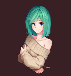 Rule 34 | 1girl, arnold-s, bare shoulders, blue eyes, blush, breasts, closed mouth, collarbone, green hair, highres, looking at viewer, medium breasts, off-shoulder shirt, off shoulder, original, ribbed sweater, shirt, short hair, smile, solo, sweater, upper body