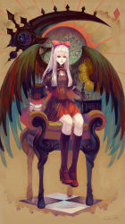 Rule 34 | 10s, 1girl, 2014, absurdres, albino, asllence, black legwear, black wings, chair, full body, goth fashion, gothic lolita, gradient background, high heels, highres, lolita fashion, long hair, looking at viewer, mary janes, original, red eyes, shoes, signature, silver hair, sitting, skull, solo, very long hair, wings