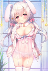 Rule 34 | 1girl, animal ears, babydoll, bare shoulders, blush, bow, breasts, cleavage, closed mouth, collarbone, commentary request, covered navel, frilled panties, frills, fur collar, garter belt, hair between eyes, hair bow, hand up, head tilt, highres, jacket, large breasts, long hair, long sleeves, looking at viewer, low twintails, navel, off shoulder, open clothes, open jacket, original, panties, pink bow, pink panties, pom pom (clothes), rabbit ears, red eyes, see-through, silver hair, skindentation, sleeves past wrists, smile, solo, star (symbol), thighhighs, twintails, underwear, usashiro mani, very long hair, white jacket, white thighhighs, window