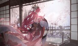 Rule 34 | 1girl, absurdres, animal ear piercing, animal ears, bare shoulders, blurry, blurry background, cherry blossoms, closed mouth, detached sleeves, falling petals, floating clothes, floating hair, floral print, fox ears, genshin impact, hair ornament, hands up, highres, japanese clothes, kimono, long hair, long sleeves, namito nami, obi, petals, pink hair, rope, sash, shide, shimenawa, shouji, sliding doors, solo, very long hair, yae miko