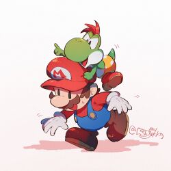 Rule 34 | 2boys, :d, arm up, artist name, black eyes, blue overalls, brown footwear, brown hair, carrying, facial hair, gloves, hanaon, hat, highres, index finger raised, long sleeves, male focus, mario, mario (series), mini-yoshi, multiple boys, mustache, nintendo, open mouth, overalls, paper mario, paper mario: the thousand year door, piggyback, pointing, red footwear, red hair, red hat, red shirt, shirt, shoes, short hair, signature, simple background, smile, solid oval eyes, v-shaped eyebrows, walking, white background, white gloves, yoshi