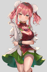 Rule 34 | 1girl, alternate hairstyle, bandaged arm, bandages, blush, breasts, chain, commentary, cowboy shot, cuffs, double bun, flower, green skirt, grey background, hair between eyes, hair bun, hand up, head tilt, highres, ibaraki kasen, large breasts, long hair, looking at viewer, miniskirt, pink eyes, pink flower, pink hair, pink rose, rose, satoupote, shackles, shirt, sidelocks, simple background, skirt, solo, tabard, thighs, touhou, twintails, white shirt