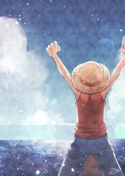 Rule 34 | 1boy, aco peda, arms up, back, blue shorts, boat, commentary request, hat, highres, male focus, monkey d. luffy, ocean, one piece, red shirt, shirt, shorts, sky, sleeveless, sleeveless shirt, solo, straw hat, watercraft
