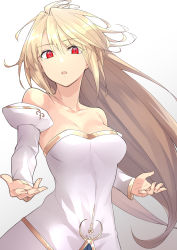 Rule 34 | 1girl, absurdres, apo (apos2721), archetype earth, arcueid brunestud, blonde hair, breasts, cleavage, collarbone, detached sleeves, floating hair, hair between eyes, highres, long hair, long sleeves, looking at viewer, medium breasts, open mouth, red eyes, simple background, slit pupils, solo, standing, strapless, tsukihime, upper body, very long hair, white background, white sleeves