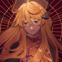 Rule 34 | 1girl, black dress, black hat, blonde hair, breasts, brown background, chinese clothes, closed mouth, crescent, dress, gradient hair, hair between eyes, hat, highres, junko (touhou), long hair, long sleeves, looking down, medium breasts, multicolored hair, orange hair, pandelia, phoenix crown, pom pom (clothes), red eyes, red vest, solo, tabard, touhou, upper body, vest