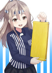 Rule 34 | 1girl, :d, employee uniform, food, grey eyes, hachimaki, hanging scroll, headband, holding, kantai collection, lawson, long hair, looking at viewer, misumi (niku-kyu), omelet, open mouth, pleated skirt, ponytail, scroll, shirt, silver hair, skirt, smile, solo, striped clothes, striped legwear, striped shirt, tamagoyaki, uniform, vertical-striped clothes, vertical-striped legwear, vertical-striped shirt, zuihou (kancolle)