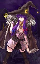 Rule 34 | 1girl, alternate costume, bad id, bad pixiv id, belt, black thighhighs, blue bow, bow, breasts, coat, contrapposto, fur coat, hair bow, hat, highres, knife, koissa, large breasts, long hair, looking at viewer, patchouli knowledge, purple eyes, purple hair, red bow, sidelocks, smile, solo, standing, thighhighs, touhou, witch hat
