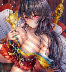 1girl absurdres azur_lane bare_shoulders black_hair breasts cleavage collarbone commander_kei from_above hair_between_eyes highres japanese_clothes kimono large_breasts long_hair long_sleeves looking_at_viewer microskirt peacock_feathers pink_eyes pleated_skirt red_kimono red_skirt sitting skirt smile solo spread_legs taihou_(azur_lane) very_long_hair wide_sleeves