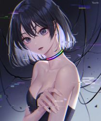 Rule 34 | 1girl, android, artist name, bare shoulders, black dress, black eyes, black hair, breasts, cable, choker, cleavage, collarbone, crossed bangs, dress, eyelashes, fingernails, glitch, gradient background, grey background, hair between eyes, hair intakes, head tilt, heartki, highres, honeycomb (pattern), looking at viewer, lower teeth only, medium breasts, mole, mole under eye, multicolored eyes, original, parted lips, rainbow order, short hair, simple background, sleeveless, sleeveless dress, solo, teeth, upper body, wire