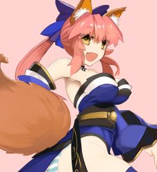 Rule 34 | 10s, 1girl, animal ears, blue legwear, breasts, detached sleeves, dh ead, fang, fate/extra, fate/grand order, fate (series), fox ears, fox tail, hair ribbon, highres, japanese clothes, large breasts, looking at viewer, open mouth, panties, pink background, pink hair, ribbon, simple background, solo, striped clothes, striped panties, tail, tamamo no mae (fate/extra), underwear, yellow eyes