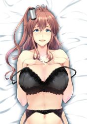 Rule 34 | 1girl, black bra, blue eyes, blush, bra, breasts, brown hair, garter straps, hair between eyes, hair ornament, impossible clothes, kantai collection, kuurunaitsu, large breasts, lying, navel, on back, open mouth, saratoga (kancolle), side ponytail, sidelocks, smile, smokestack hair ornament, solo, underwear