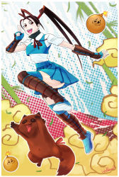 Rule 34 | 1girl, absurdres, arm guards, bomb, capcom, don (street fighter), explosive, high ponytail, highres, ibuki (street fighter), looking at viewer, midair, open mouth, ponytail, raccoon, school uniform, shin guards, signature, skirt, smile, solo, street fighter, street fighter v, tanuki, thighhighs, wallace pires