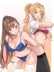 Rule 34 | 2girls, absurdres, beatrix (granblue fantasy), black legwear, blonde hair, blue bra, blue eyes, blue panties, blush, bra, breasts, brown eyes, brown hair, clothes lift, collarbone, granblue fantasy, highres, large breasts, leaning forward, lifted by self, long hair, looking at viewer, multiple girls, navel, open mouth, panties, parted bangs, ponytail, red bra, red panties, renzu (lens 02), shirt, shirt lift, simple background, smile, swept bangs, t-shirt, thighhighs, twintails, underwear, underwear only, undressing, very long hair, white background, white legwear, white shirt, zeta (granblue fantasy)