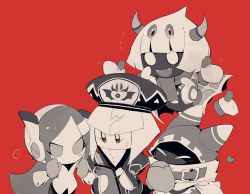 Rule 34 | 2boys, 2girls, cape, fangs, greyscale, hat, higa423, highres, horns, kirby&#039;s return to dream land, kirby: planet robobot, kirby: star allies, kirby (series), magolor, monochrome, multiple boys, multiple girls, nintendo, open mouth, red background, scarf, smile, susie (kirby), taranza, zan partizanne