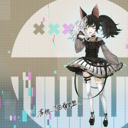 Rule 34 | 1girl, :3, :d, absurdres, animal ears, bat ears, black footwear, black hair, black nails, black shirt, commentary, commission, english commentary, fangs, frilled skirt, frills, grey eyes, hand up, highres, huge filesize, jh, long sleeves, looking at viewer, multicolored hair, nail polish, off-shoulder shirt, off shoulder, open mouth, original, platform footwear, puffy long sleeves, puffy sleeves, see-through, see-through sleeves, shirt, shoes, silver hair, skirt, sleeves past wrists, smile, solo, split-color hair, standing, striped clothes, striped skirt, thighhighs, translation request, twintails, two-tone hair, vertical-striped clothes, vertical-striped skirt, white skirt, white thighhighs, yellow eyes