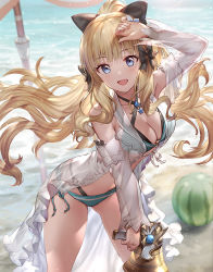 Rule 34 | 1girl, 77gl, bare shoulders, beach, bikini, black bikini, black bow, blonde hair, blue eyes, blush, bow, breasts, cleavage, collarbone, elf, flower, green bikini, hair bow, hair flower, hair ornament, hair up, large breasts, layered bikini, long hair, long sleeves, looking at viewer, megaphone, open mouth, pointy ears, princess connect!, saren (princess connect!), saren (summer) (princess connect!), shore, smile, solo, swimsuit, thighs, watermark
