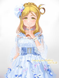 Rule 34 | 10s, 1girl, 2019, alternate hairstyle, artist name, artist request, bare shoulders, blonde hair, blue dress, blue ribbon, bow, braid, cross-laced clothes, crown braid, dress, female focus, finger to mouth, frilled sleeves, frills, hair rings, highres, jyon, leg ribbon, looking at viewer, love live!, love live! school idol festival, love live! sunshine!!, medium hair, new winding road, ohara mari, overskirt, ribbon, shoes, short hair, short sleeves, skirt, smile, solo, standing, thigh ribbon, yellow eyes