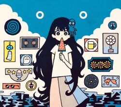 Rule 34 | 1girl, black hair, blue hair, blue skirt, bright pupils, brown skirt, cloud, cup, fish, flower, food, fruit, garouma, lantern, long hair, looking back, multicolored clothes, multicolored skirt, octopus, original, pink skirt, shaved ice, shirt, short sleeves, skirt, solo, spiral, star (symbol), sunglasses, very long hair, watermelon, watermelon slice, white pupils, white shirt, wind chime, yellow flower