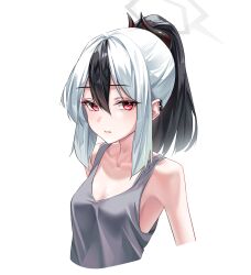 Rule 34 | 1girl, absurdres, black hair, black horns, blue archive, breasts, closed mouth, collarbone, cropped arms, cropped torso, demon horns, grey tank top, hair between eyes, highres, horns, kayoko (blue archive), korean commentary, long hair, ly 7317, multicolored hair, ponytail, red eyes, simple background, small breasts, solo, tank top, upper body, white background, white hair