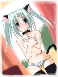 Rule 34 | animal ears, green hair, panties, solo, striped clothes, striped panties, tail, thighhighs, underwear