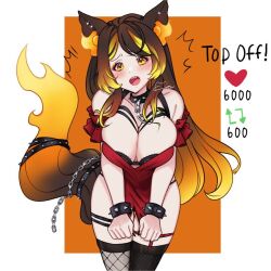 Rule 34 | 1girl, animal ears, bare shoulders, blush, breasts, breasts squeezed together, chain, chest harness, choker, detached sleeves, distress, fishnet thighhighs, fishnets, harness, indie virtual youtuber, large breasts, like and retweet, meowyin, partially undressed, shirt tug, sinder (vtuber), sinder (vtuber) (1st costume), skindentation, spikes, tail, thigh strap, thighhighs, tight top, virtual youtuber, wolf ears, wolf girl, wolf tail