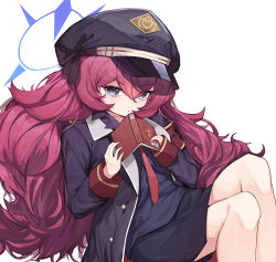 Rule 34 | 1girl, absurdres, armband, black eyes, black hat, black jacket, black shirt, black skirt, blue archive, book, closed mouth, collared shirt, feet out of frame, halo, hat, highres, holding, holding book, iroha (blue archive), jacket, lechiennoir, long hair, long sleeves, looking at viewer, necktie, open clothes, open jacket, peaked cap, pencil skirt, red hair, red necktie, shirt, side slit, skirt, solo, very long hair, white background