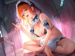 Rule 34 | 1girl, absurdres, arm garter, barefoot, bikini, black bikini, breasts, commentary request, highres, indian style, large breasts, looking at viewer, maeshimashi, maid, maid bikini, maid headdress, open mouth, original, ponytail, red eyes, red hair, short hair, sitting, soles, solo, swimsuit, tongue, tongue out, unconventional maid