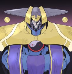 Rule 34 | 1boy, armor, closed mouth, gradient background, hazanko, helmet, male focus, ngra201, outlaw star, pauldrons, red eyes, shoulder armor, sleeves past fingers, sleeves past wrists, solo, upper body, yin yang