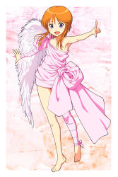 Rule 34 | 1girl, ancient greek clothes, angel wings, armpits, bare shoulders, barefoot, collarbone, elpeo puru, fugetsu taku, gundam, gundam zz, highres, open mouth, orange hair, outstretched arms, peplos, pointing, purple eyes, short hair, sidelocks, single wing, solo, standing, toga, wings