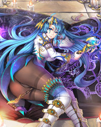 Rule 34 | 1girl, ass, blue eyes, blue hair, boots, candle, dress, hair ornament, highres, knee boots, long hair, looking at viewer, lying, magic circle, magical girl, maotu, matching hair/eyes, official art, on side, original, pantyhose, smile, solo, staff, thighband pantyhose, very long hair, white dress, white footwear