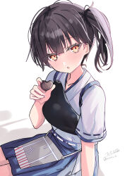 1girl absurdres blush brown_hair candy chocolate chocolate_heart food heart heart-shaped_food highres hizaka kaga_(kancolle) kantai_collection looking_at_viewer medium_hair muneate open_mouth red_eyes side_ponytail sitting skirt solo twitter_username