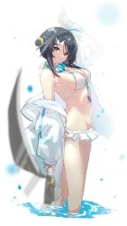 Rule 34 | 1girl, arknights, arm up, bare shoulders, bikini, bikini under clothes, black hair, closed mouth, frilled bikini, frills, from side, grey eyes, hair bun, hair ornament, hairclip, highres, jacket, la pluma (arknights), la pluma (summer flowers) (arknights), long sleeves, looking at viewer, looking to the side, off shoulder, open clothes, open jacket, puffy long sleeves, puffy sleeves, sketch, solo, standing, swimsuit, water, white background, white bikini, white jacket, x hair ornament, yacchi (yxxrem)