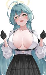 Rule 34 | 1girl, absurdres, black gloves, black skirt, blue archive, blush, breasts, chest harness, collared shirt, gloves, green hair, hair between eyes, halo, harness, highres, large breasts, lds (dstwins97), long hair, looking at viewer, open mouth, pleated skirt, shirt, simple background, skirt, smile, solo, white background, white shirt, yellow eyes, yellow halo, yume (blue archive)