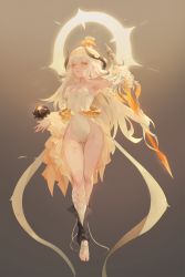 Rule 34 | 1girl, absurdres, animal ears, armpits, bad id, bad pixiv id, barefoot, blonde hair, breasts, contrapposto, crown, flower, full body, glowing, glowing sword, glowing weapon, gradient background, halo, highleg, highleg leotard, highres, hip focus, holding, holding sword, holding weapon, honey, horns, leotard, long hair, orange eyes, original, shin guards, showgirl skirt, small breasts, solo, standing, strapless, strapless leotard, sword, uthy, very long hair, weapon, white leotard
