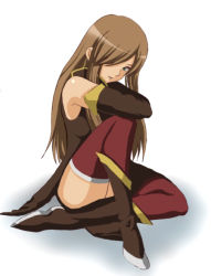 Rule 34 | 00s, 1girl, blue eyes, boots, brown hair, detached sleeves, dress, hair over one eye, long hair, morimorigenki, sitting, solo, tales of (series), tales of the abyss, tear grants, thighhighs