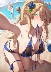 Rule 34 | 2girls, alternate costume, armpits, artoria pendragon (fate), artoria pendragon (lancer) (fate), artoria pendragon (lancer alter) (fate), ball, bare arms, bare shoulders, beach, beachball, bikini, bikini in mouth, black one-piece swimsuit, blonde hair, blue bikini, blush, breasts, cleavage, clothes in mouth, collarbone, commentary request, dual persona, earrings, eyewear on head, fate/grand order, fate (series), female focus, flower, green eyes, hair flower, hair ornament, highres, jewelry, large breasts, long hair, looking at viewer, mouth hold, multiple girls, neshia (tsaqif0309), one-piece swimsuit, outdoors, ponytail, reaching, reaching towards viewer, sideboob, solo focus, sunglasses, swimsuit, thigh strap, thighs, water