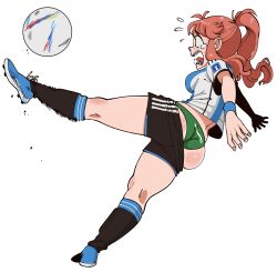 Rule 34 | 1girl, 2022 fifa world cup, absurdres, accidental exposure, al rihla, argentina, argentinian flag, argentinian flag print, ass, ball, braces, bracket, breasts, cosmica (nuclear wasabi), flag print, flying sweatdrops, full body, green panties, highres, kicking, large breasts, nuclear wasabi, open mouth, orange hair, original, panties, ponytail, red hair, shirt, shorts, simple background, soccer, soccer ball, soccer uniform, socks, solo, sportswear, sweat, tearing up, tongue, underwear, white background, wide hips, world cup
